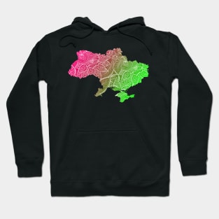 Colorful mandala art map of Ukraine with text in pink and green Hoodie